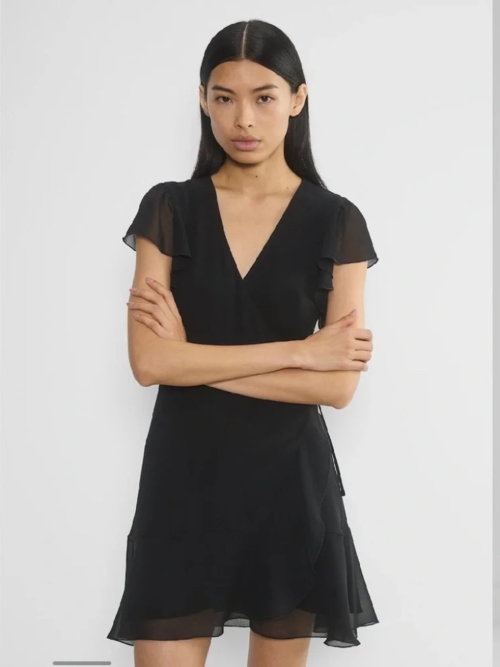 Aritzia Wilfred Lawn Dress Chiffon Ruffle Wrap Black Size 2XS